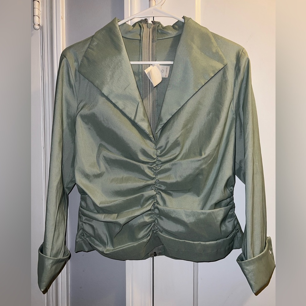 Vintage Tadashi Shoji Sage Green women’s 18 top blouse formal cinched ruched 80s